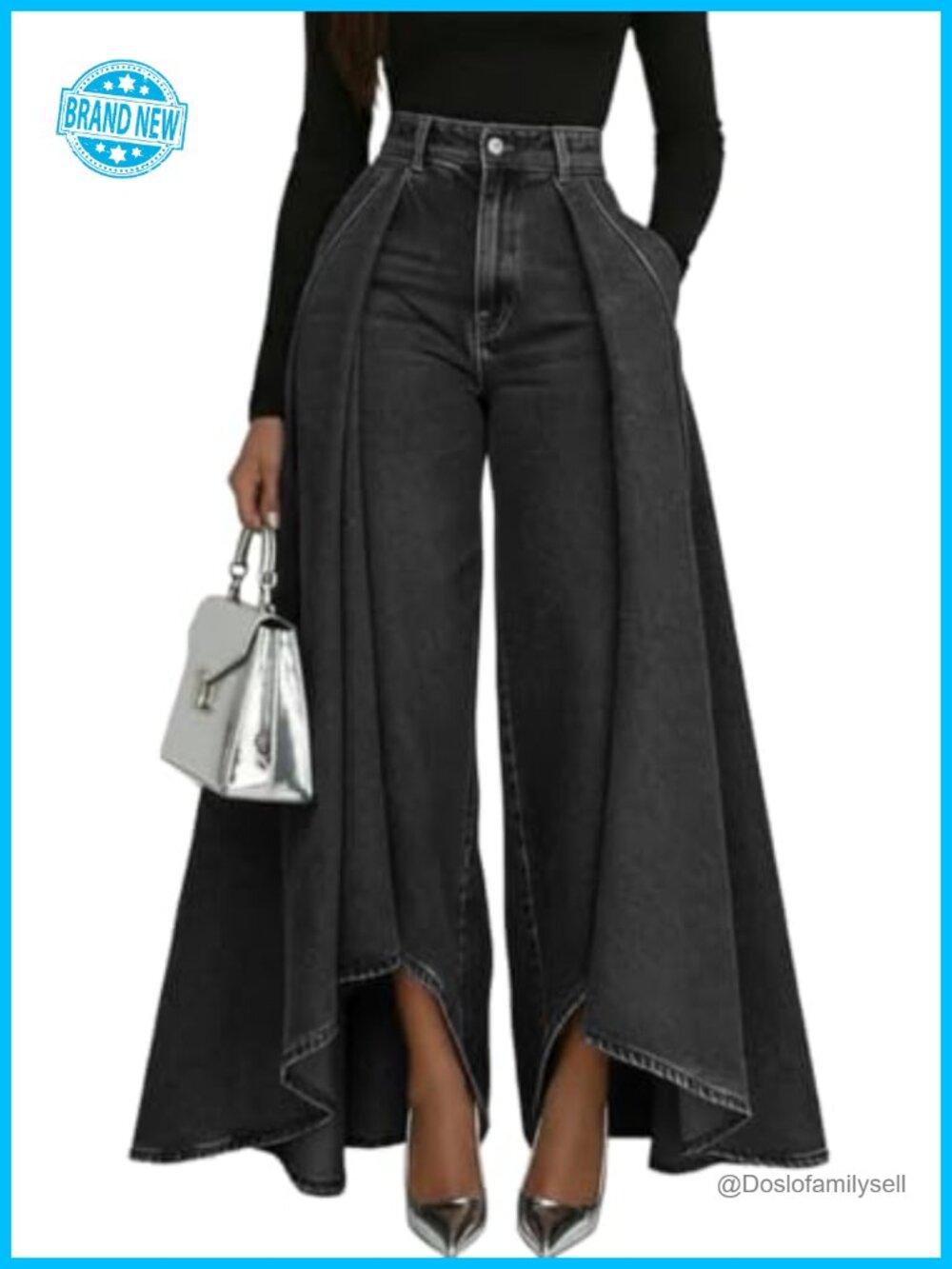 High Rise Wide Leg Flare Jeans Skirt Overlay Stretch Denim Pants
